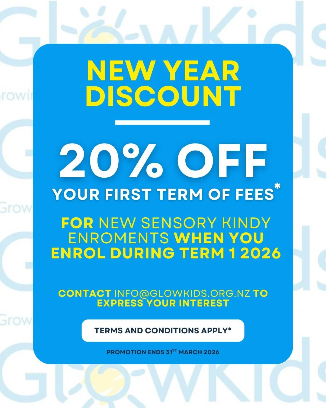 HAPPY NEW YEAR! 🌟
We are so excited to start welcoming back our tamariki next week. We have missed seeing all you all and we can't wait to hear all about your summer break! 💙
GlowKids is currently running a promo - so if you know anyone who would b