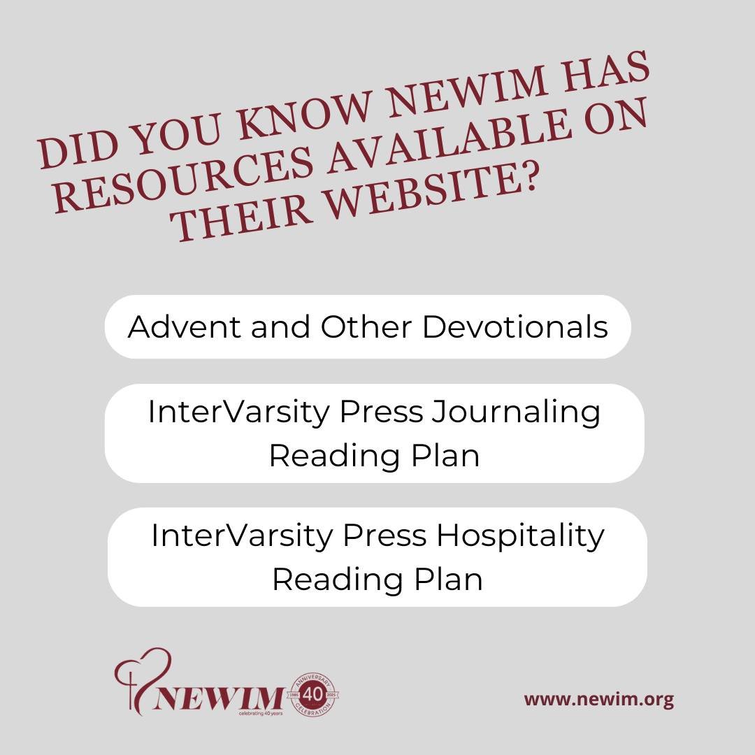 Find Advent and other devotionals as well as Journaling and Hospitality Reading Plans from InterVarsity Press on NEWIM's Website! www.newim.org

#newim #newimconnects