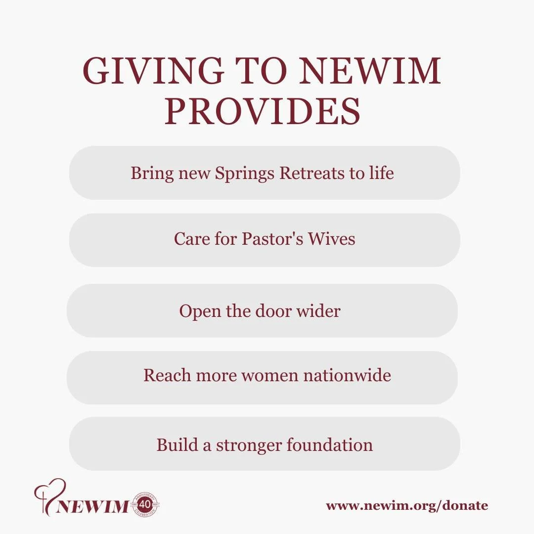We currently have 19 faithful monthly donors. We're dreaming of 40. Would you consider becoming one of them?

A monthly gift&mdash;in any amount&mdash;is one of the most powerful ways to support NEWIM. It's steady, it's simple to set up and completel
