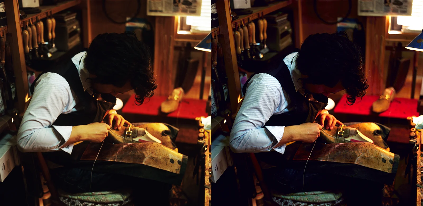 In this slide of a shoemaker in Kobe, Japan you can easily differentiate between the two images. The one on the right (Drum scan) is more accurate in terms of both color reproduction and shadow detail. You can really see the creases and lines on the shirt and the image is overall sharper on the drum scan vs. the CCD on the left.
