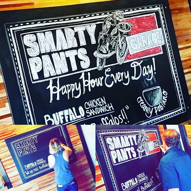 Our newest chalk board by our own talented Jillian. It's a family affair here at the garage, and her pops even helped a little! #smartypantsgarage #talentedstaff #chalkart
