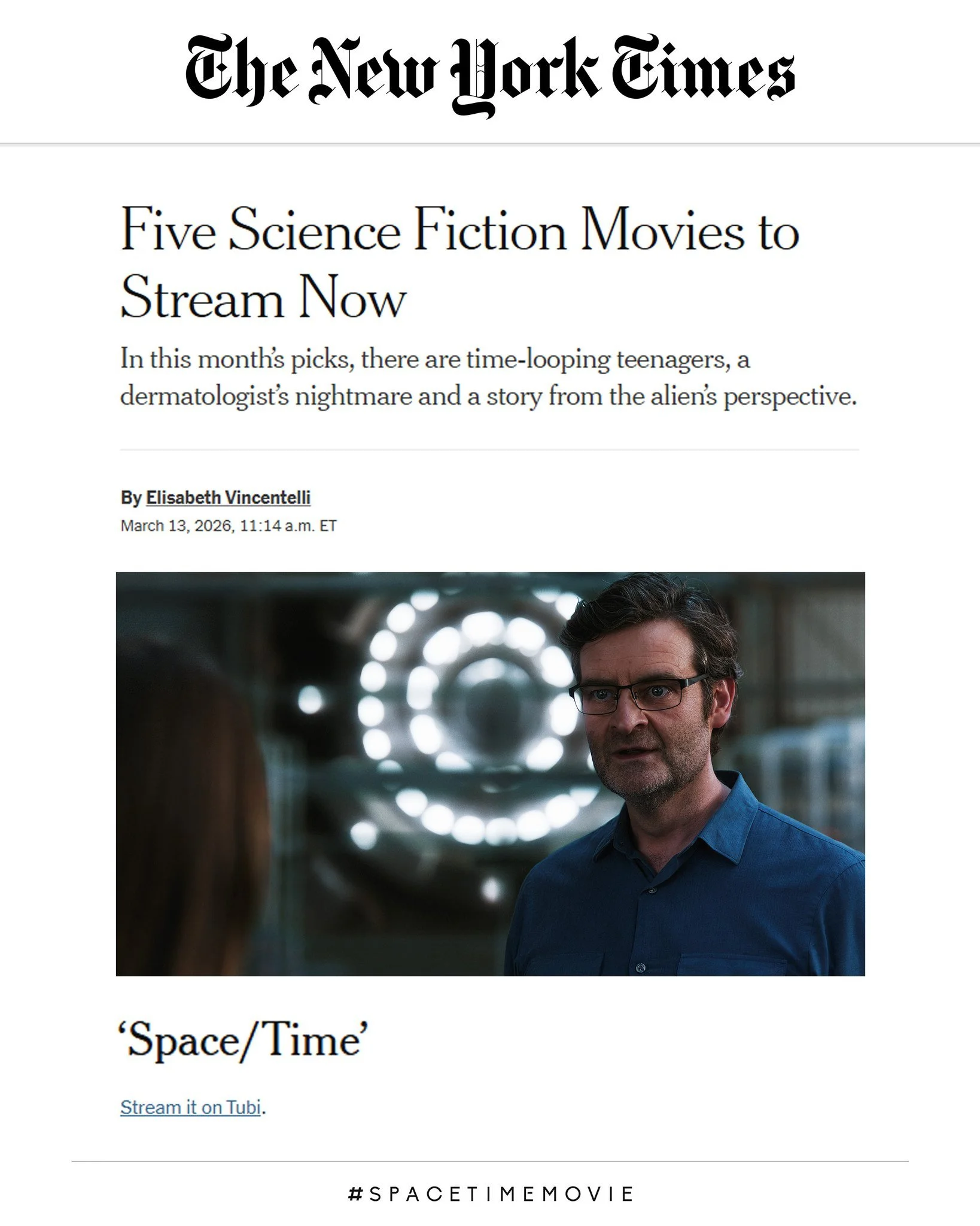 The @nytimes recommends @spacetimemovie! 🗽📰
We&rsquo;re thrilled to make their list of "Five Science Fiction Movies to Stream Now."

🖥️ Buy or rent SPACE/TIME today &ndash; link in bio.

#spacetimemovie #scifi #newyorktimes #timetravel