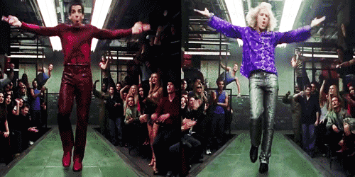 Derek Zoolander and Hansel dropping their ridiculously ridiculous good looking moves in a fashion "walk off" being judged by the amazing David Bowie