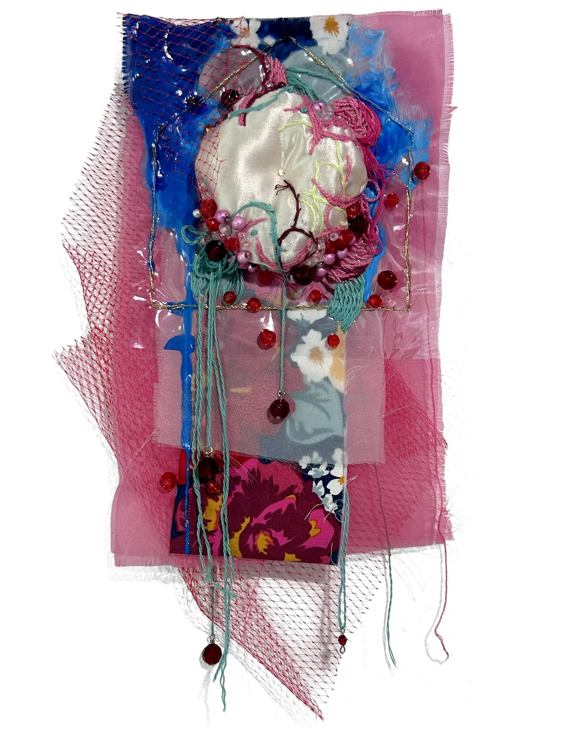    Something Comforting   fabric, grandmas jewelry, embroidery thread, plastic table cloth, acrylic. 12 × 6 inches. 2026 