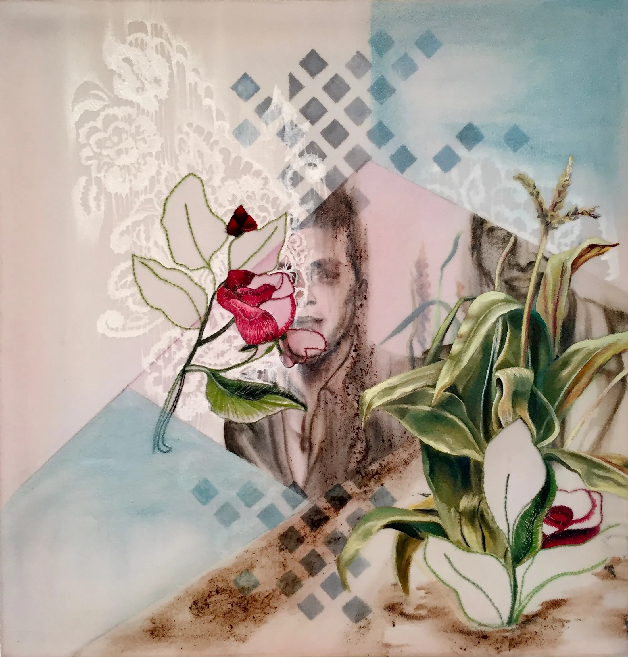  Sewing la Milpa  oil, acrylic, dirt, embroidery floss, muslin 30 × 31 x 2 inches, 2017 