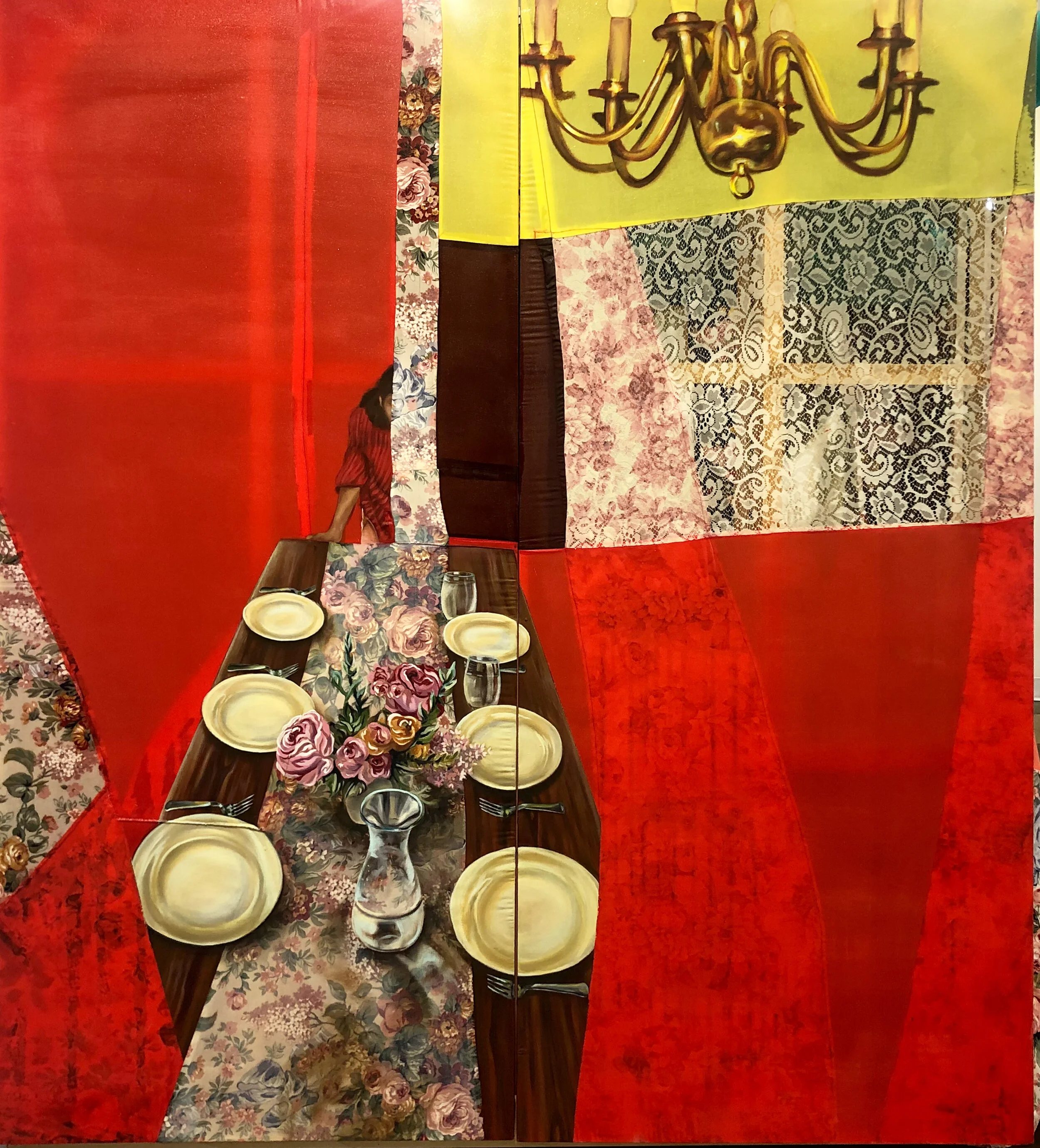  Gathering Leftovers Diptych oil, acrylic, resin, sewn fabric 84 × 39 x 2 inches, 2020 