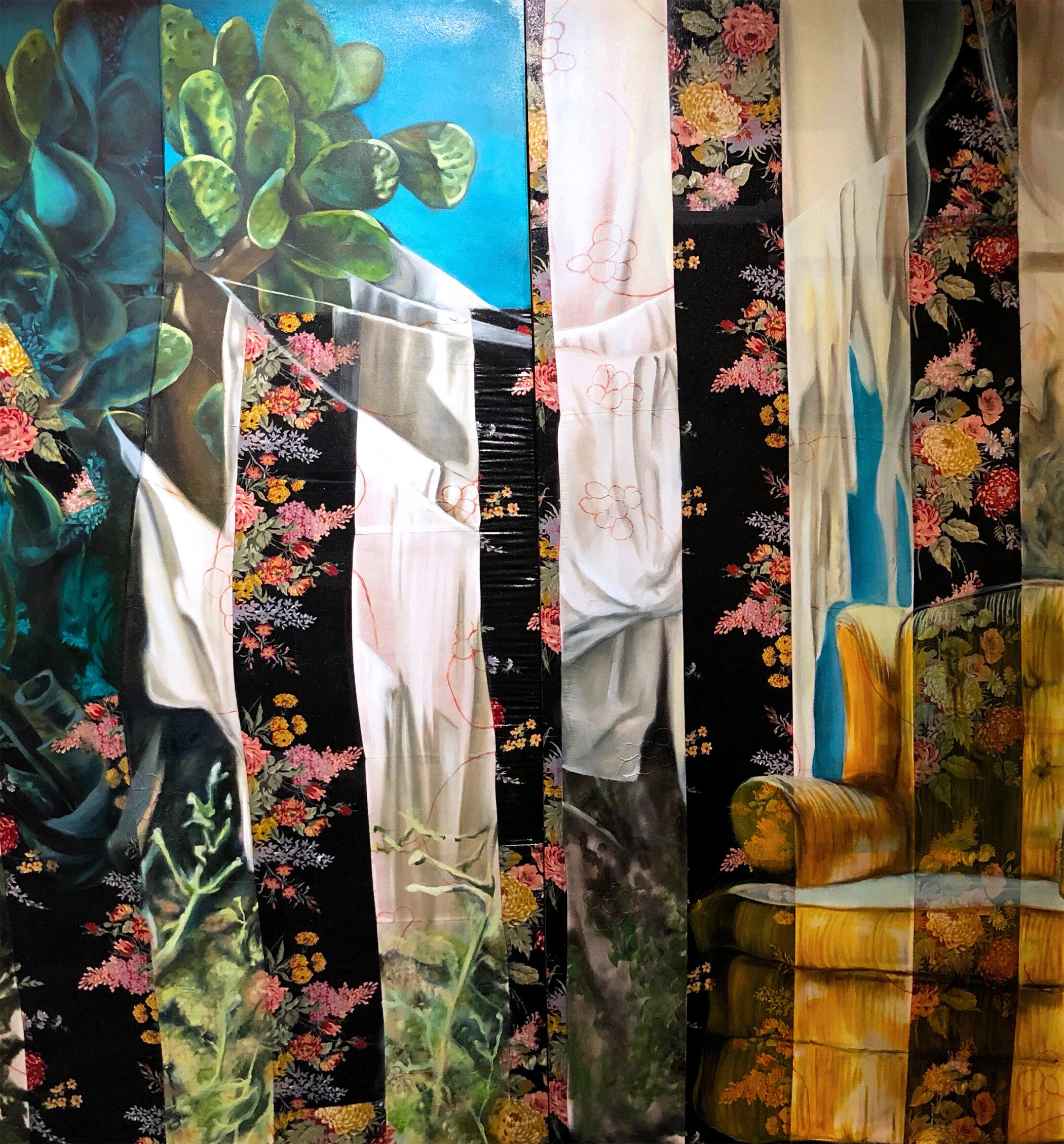  Comfort. Pain Diptych oil, acrylic, resin, embroidery ﬂoss, sewn fabric 84 × 39 x 2 inches, 2020 