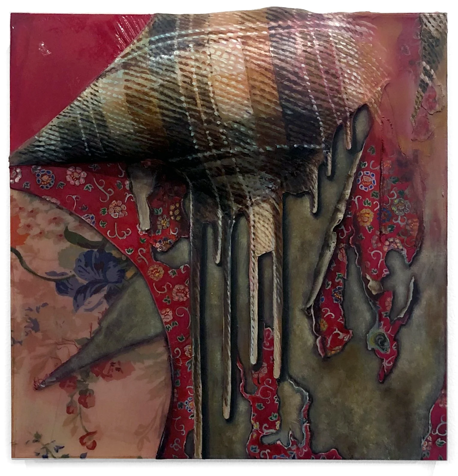  Residue oil, acrylic, resin, poly-ﬁl, paper, sewn fabric 12 × 12 x 2.5 inches, 2021 