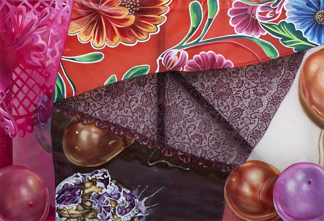  Diversión  oil, acrylic, resin, sewn fabric 44 × 66 x 2 inches, 2018 