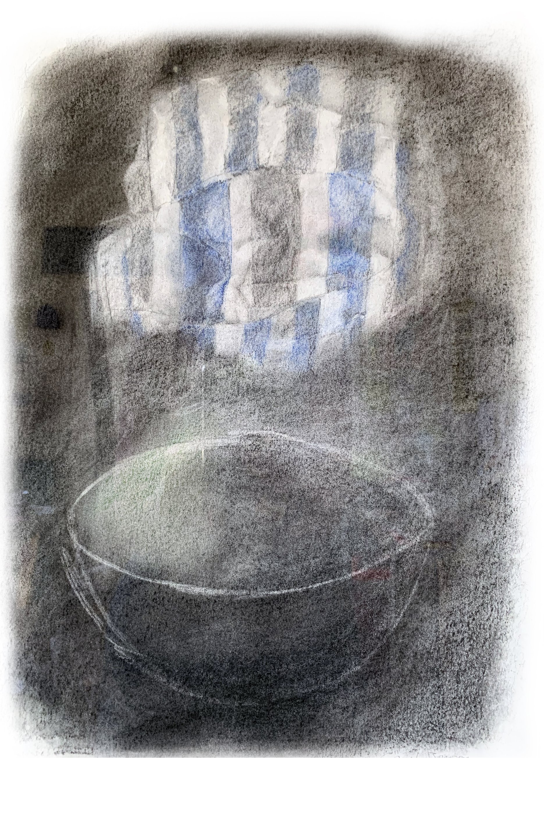    This is a Drawing of a Bowl and Striped Cloth. The blue and white material is from a dress that belonged to my grandmother. She was such an important person in my younger years and continues to be in my memory.   ~ Carol Benson  