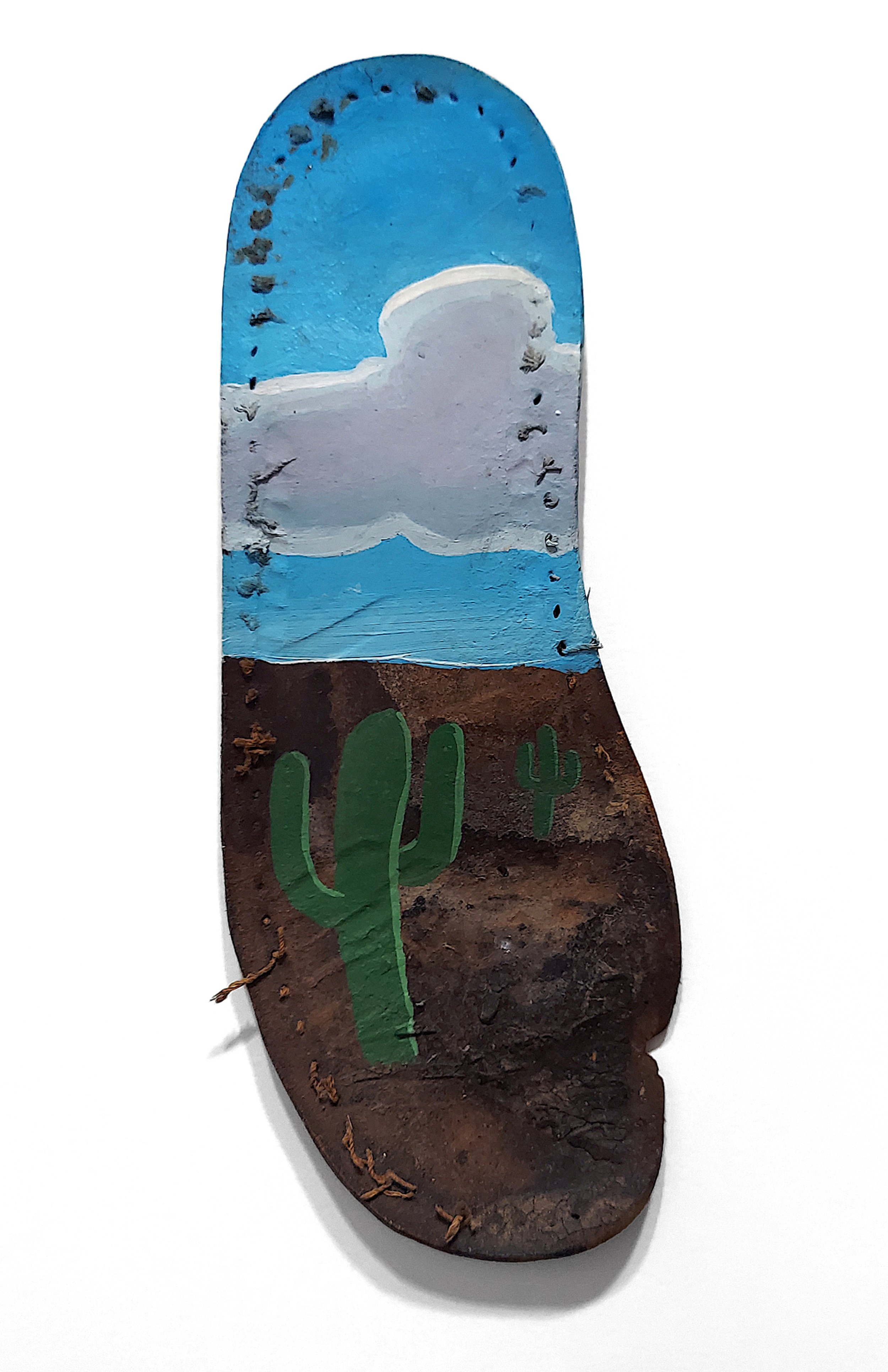    This is a Painting I did on an old shoe sole sometime in 1980, after moving back to Texas from an ill-fated adventure in California. It was just some silly thing I'd done to pass the time, but it has hung around with me for over 40 years, usually 