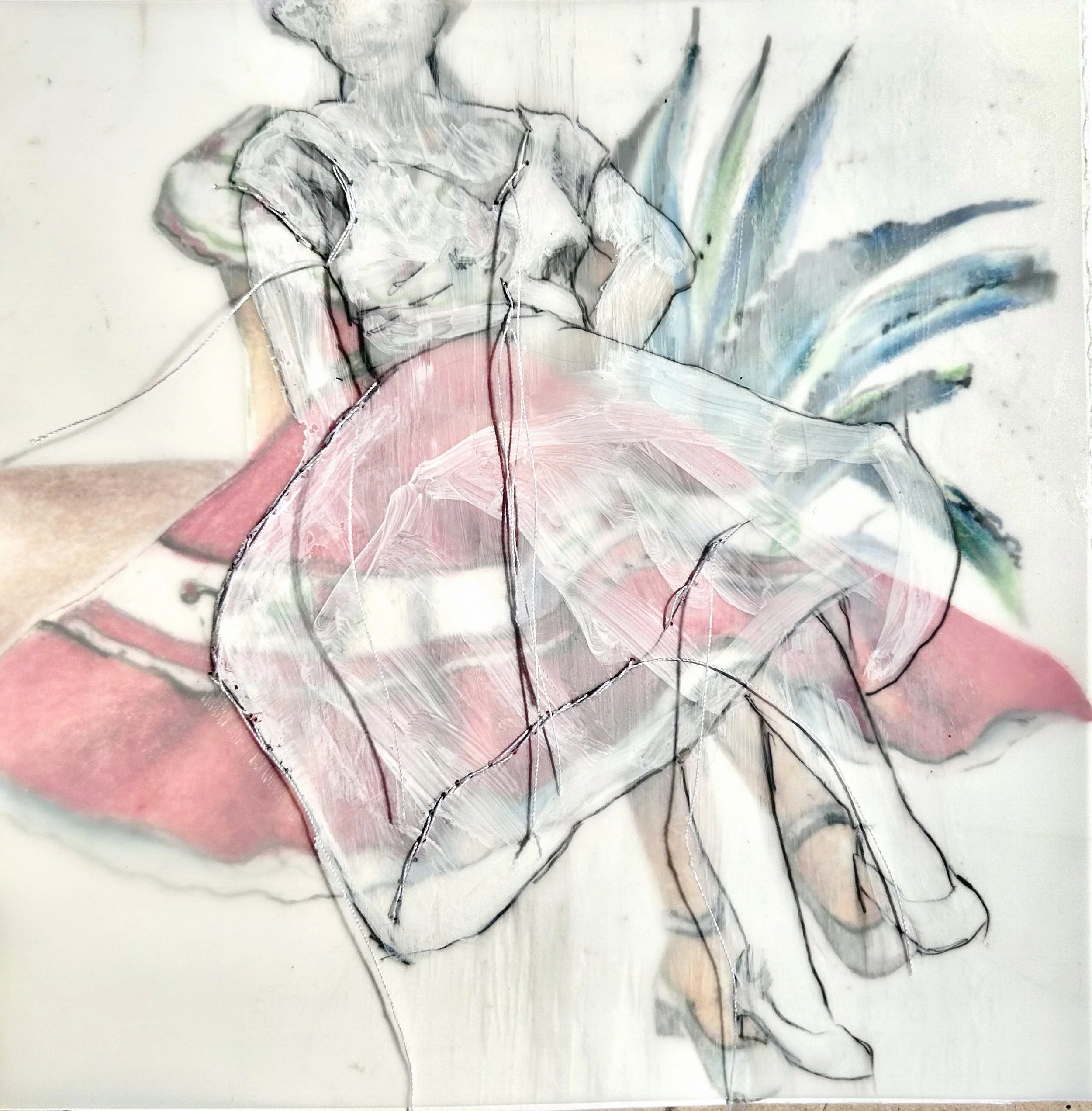  White Wash colored pencils, embroidery floss, vellum, cotton paper. 6 × 6 inches, 2024 