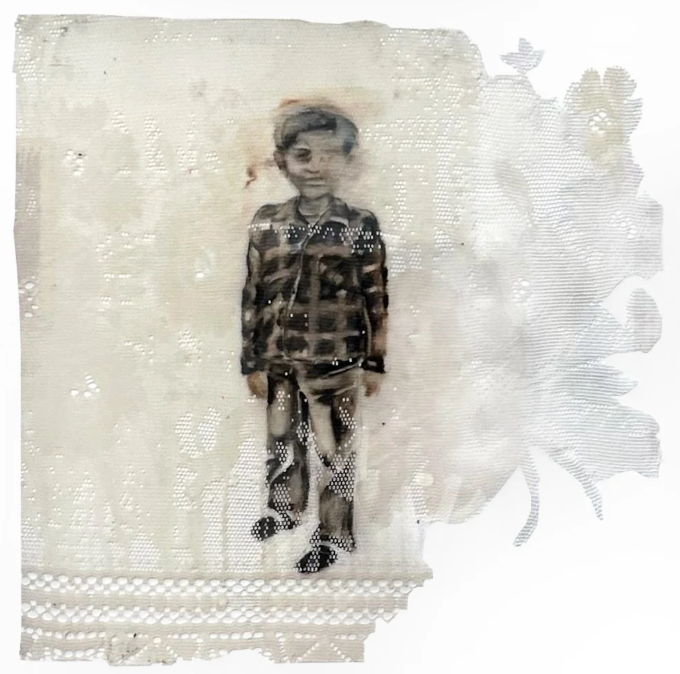 Jimmy oil, resin, lace, 15 × 16 inches, 2024