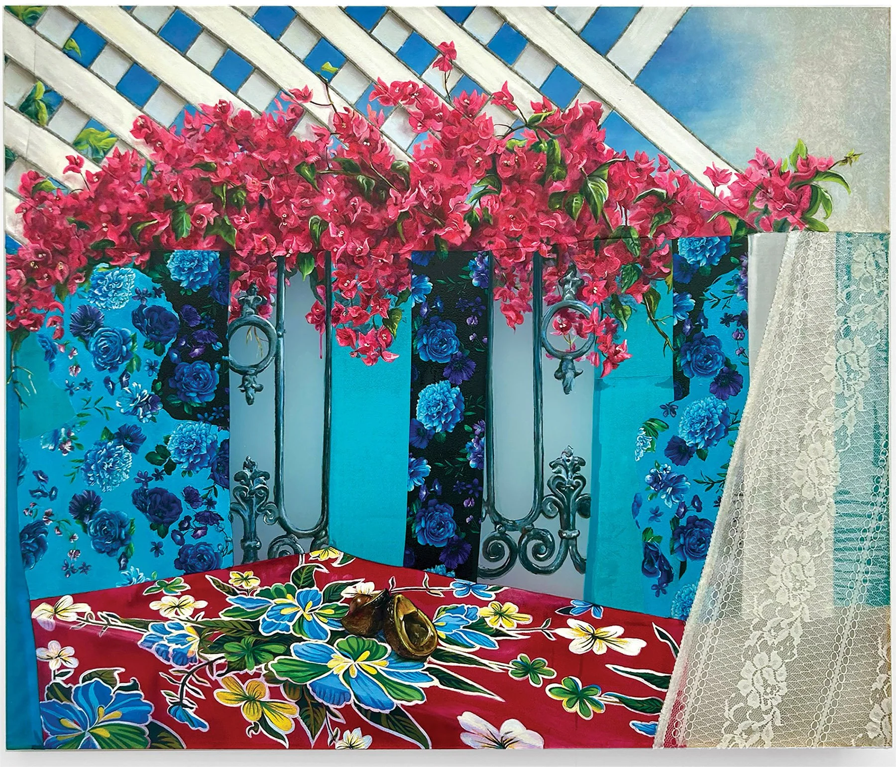 Seed of Silence oil, acrylic, lace, resin, poly-fil, embroidery floss, sewn fabric 48 × 60 inches, 2024