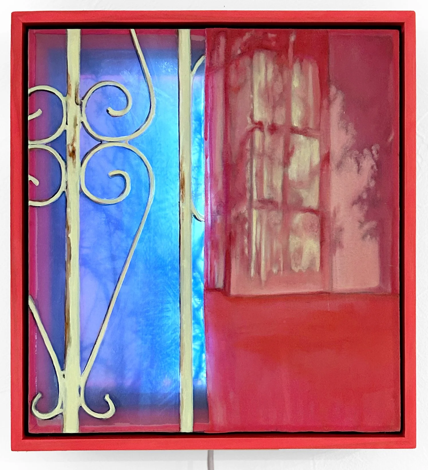 The Light That You Left LED, oil, acrylic, resin, plexi, ink, sewn textile, 15 x 14 x 3 inches, 2024