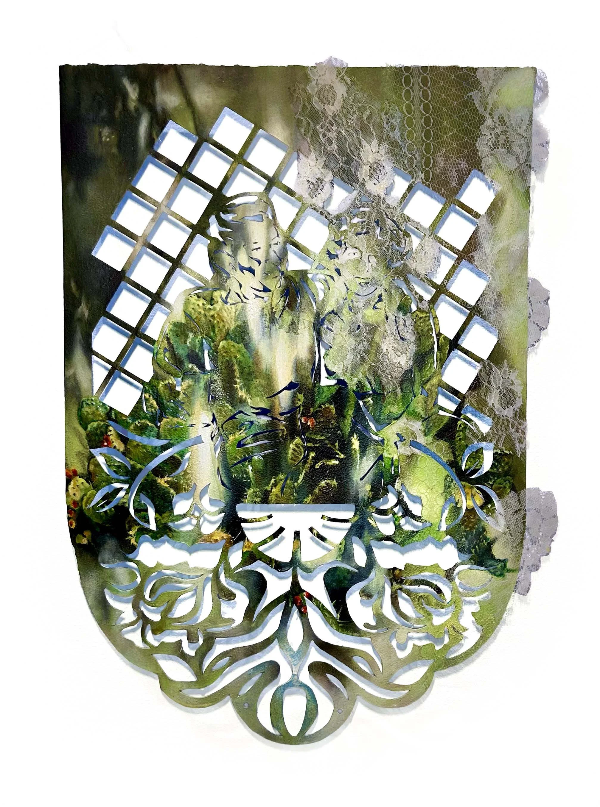    Fading, Persisting, y Guardando   acrylic, oil, lace, hand cut paper. 30 × 22 inches. 2026 