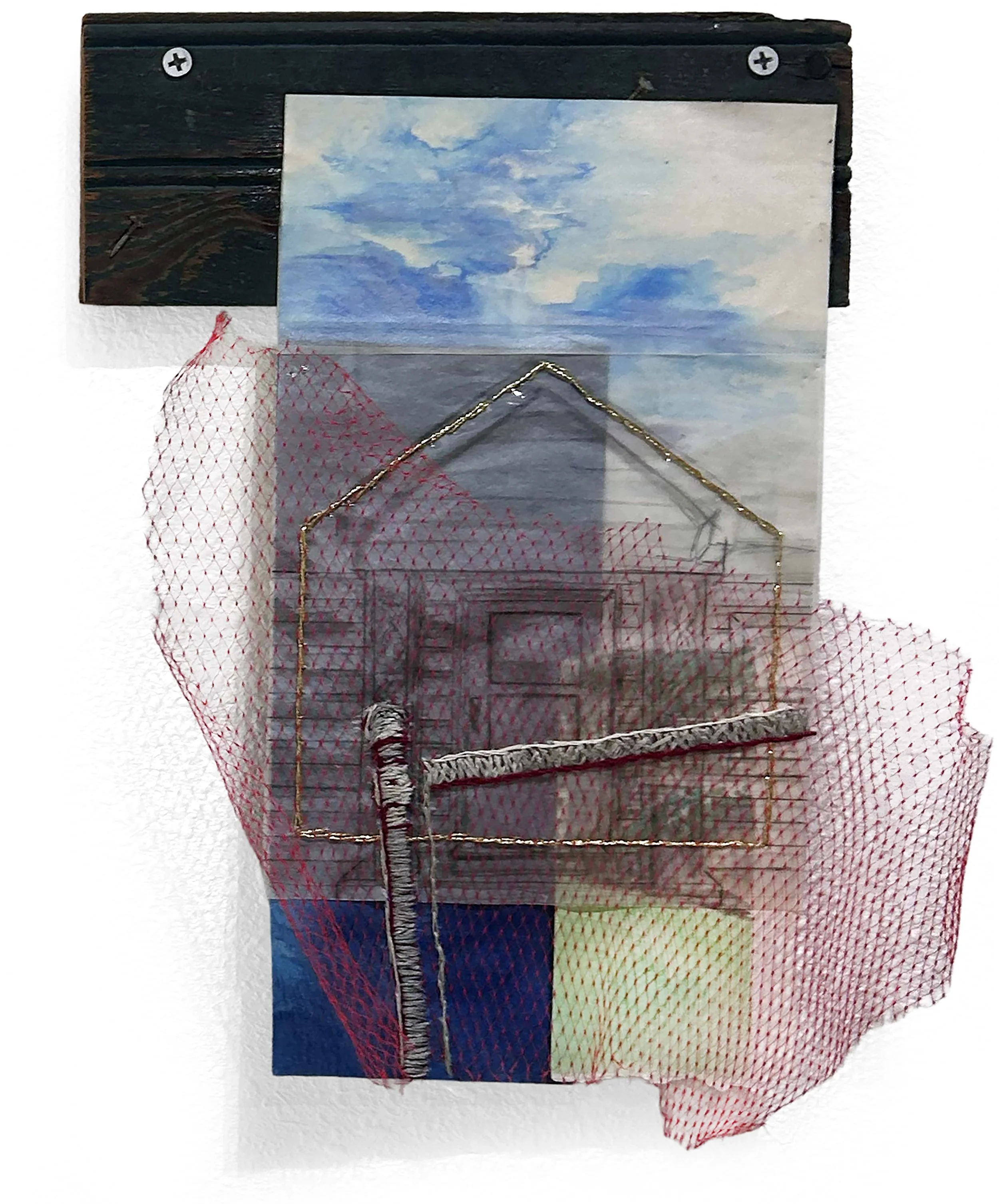    Settled   fabric, found objects, embroidery thread, paper. 16 × 8 inches. 2026 