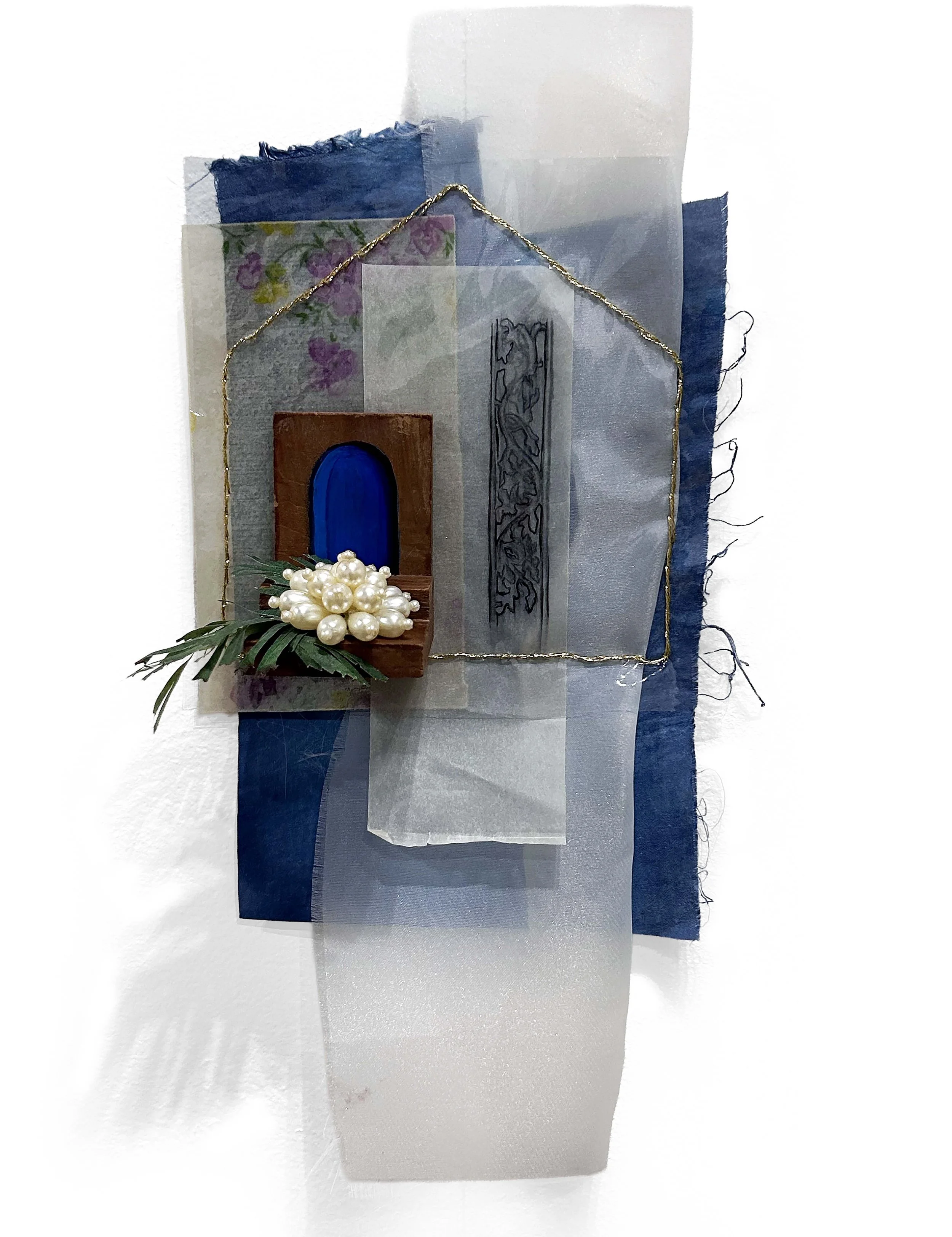    Saints and Sinners   fabric, found objects, embroidery thread, paper. 16 × 6 inches. 2026 