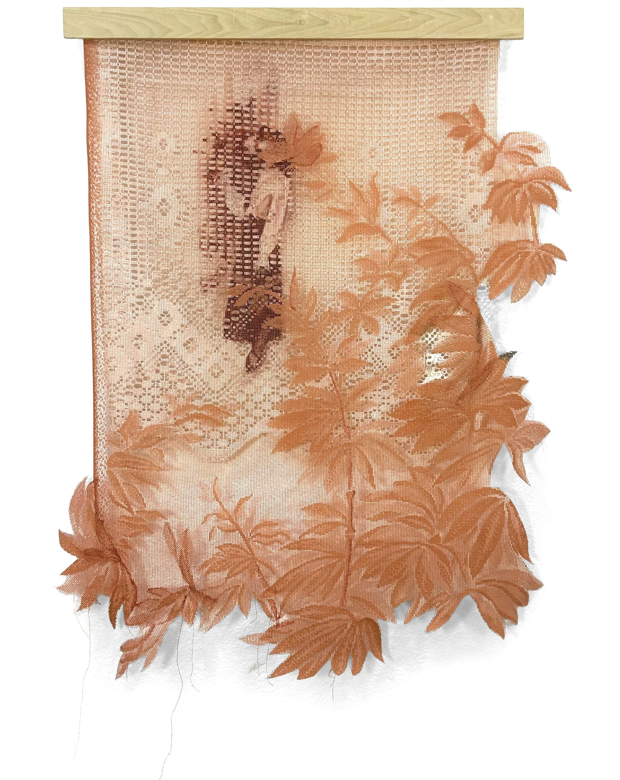  Between Blood and Bone oil, lace, resin, embroidery ﬂoss, wood 36 × 25 inches, 2025 