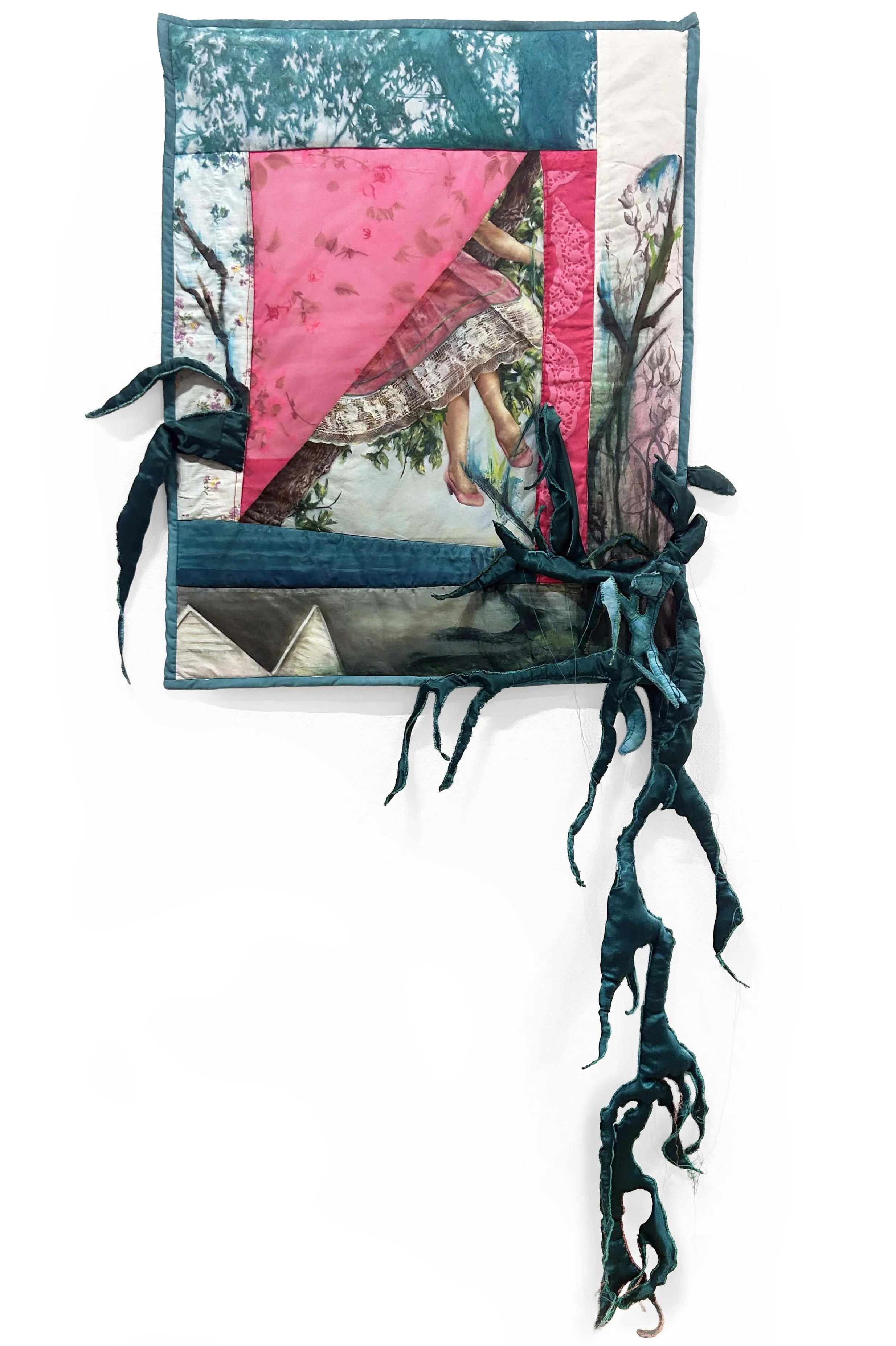    One Day Your Roots Will Cry   oil, embroidery thread, grandmas nightgown, found fabric. 75 × 34 inches. 2026 