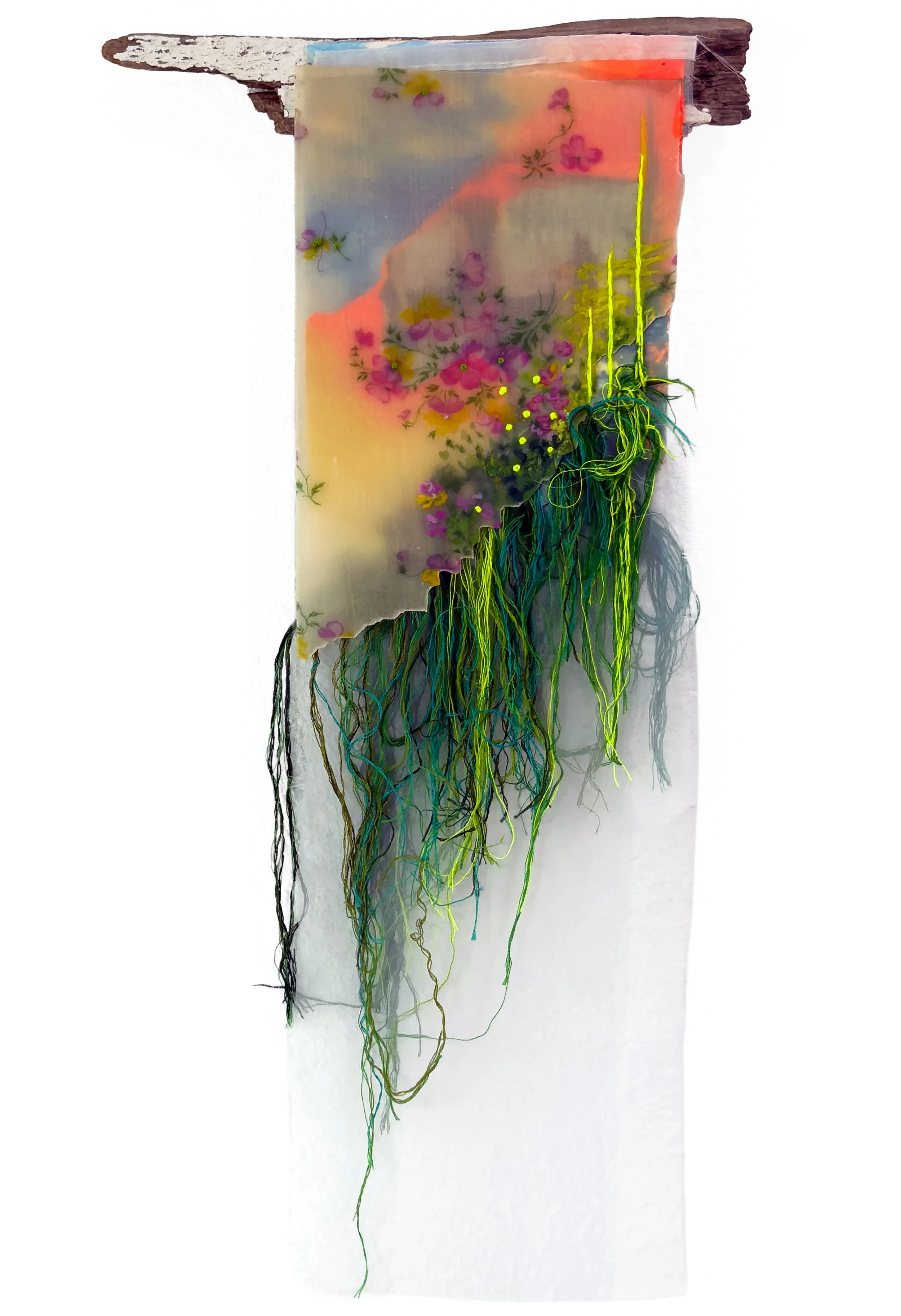  Drifter photograph, watercolor, resined fabric, embroidery floss, wood. 16 × 7 inches, 2026 