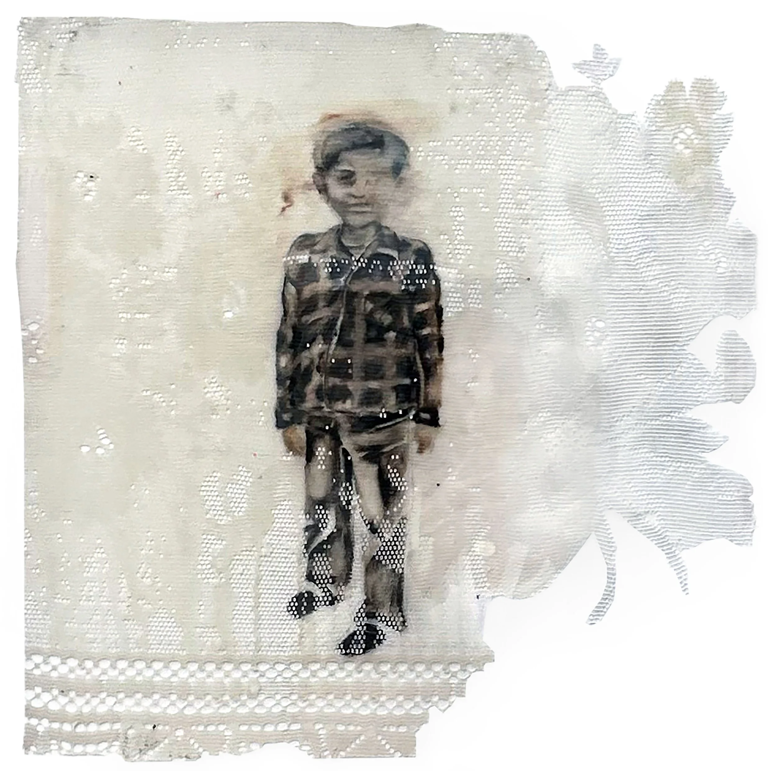    Jimmy   oil, resin, lace, 15 × 16 inches. 2024 