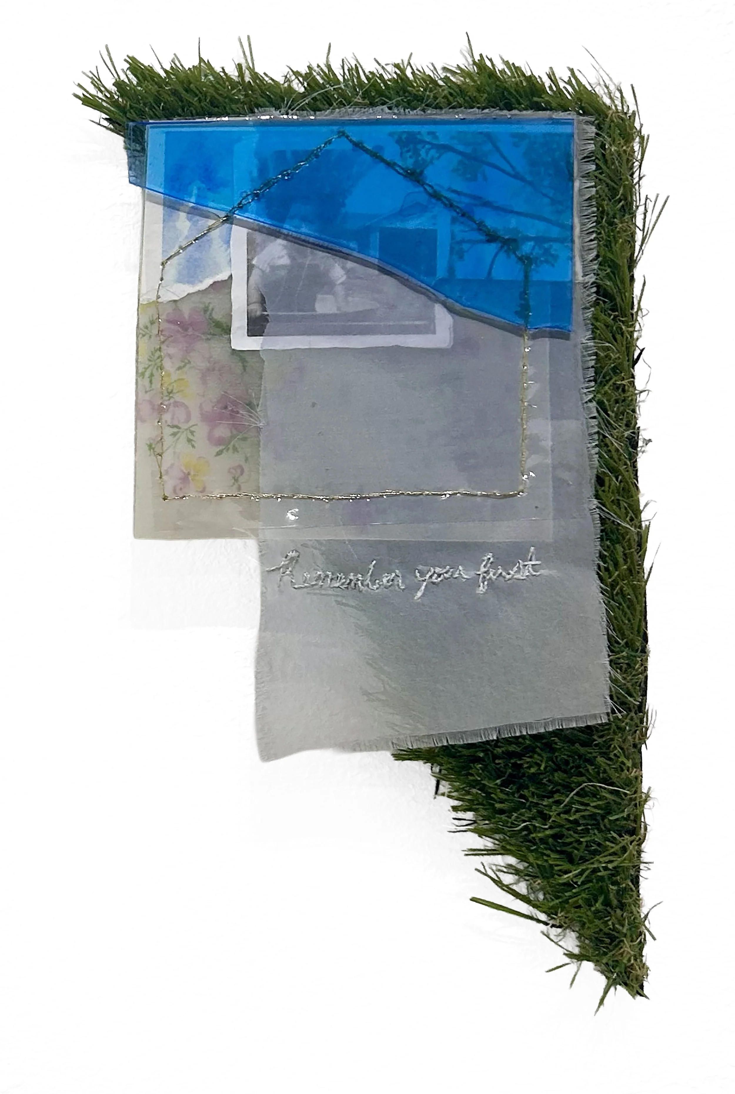 Susto watercolor, photograph, resined fabric, embroidery floss, turf. 8 × 7 inches, 2026 