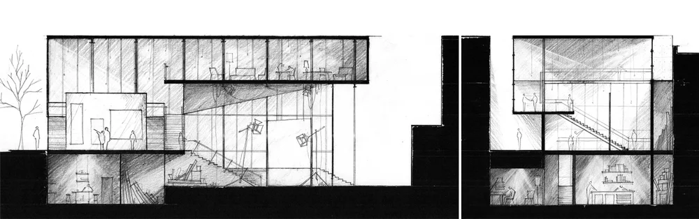 Section 01 / Gallery Left, Photographers Studio Right, Living Above, Dark Room Below Section 02 / Gallery Above, Dark Room Below, Studio Beyond