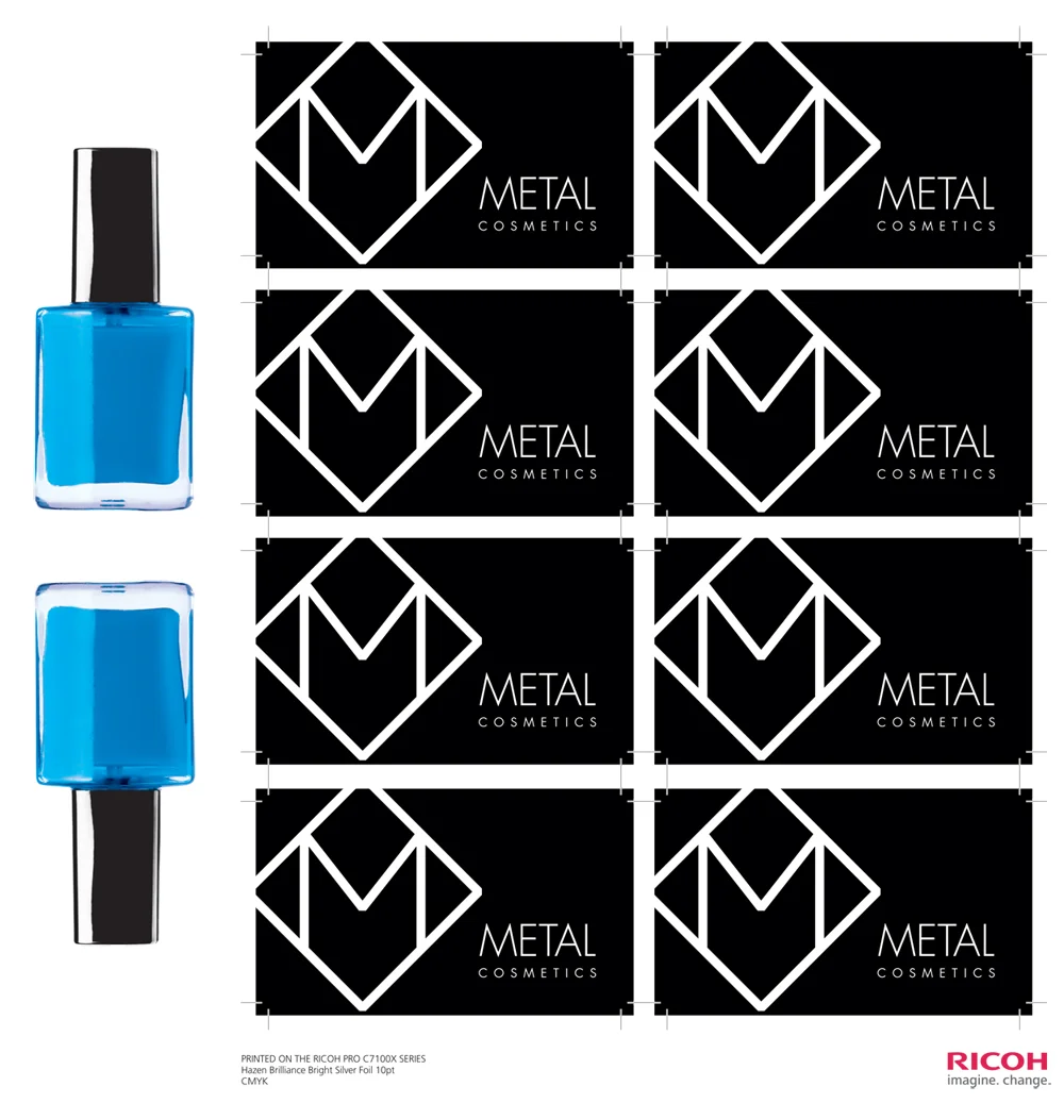 Metallic Business Cards Demonstrates Metallic effect by masking substrate with a “Rich black”. Suggested Media: Silver or Gold Foil, 10pt Output: 12”x18” and trim Process: CMYK