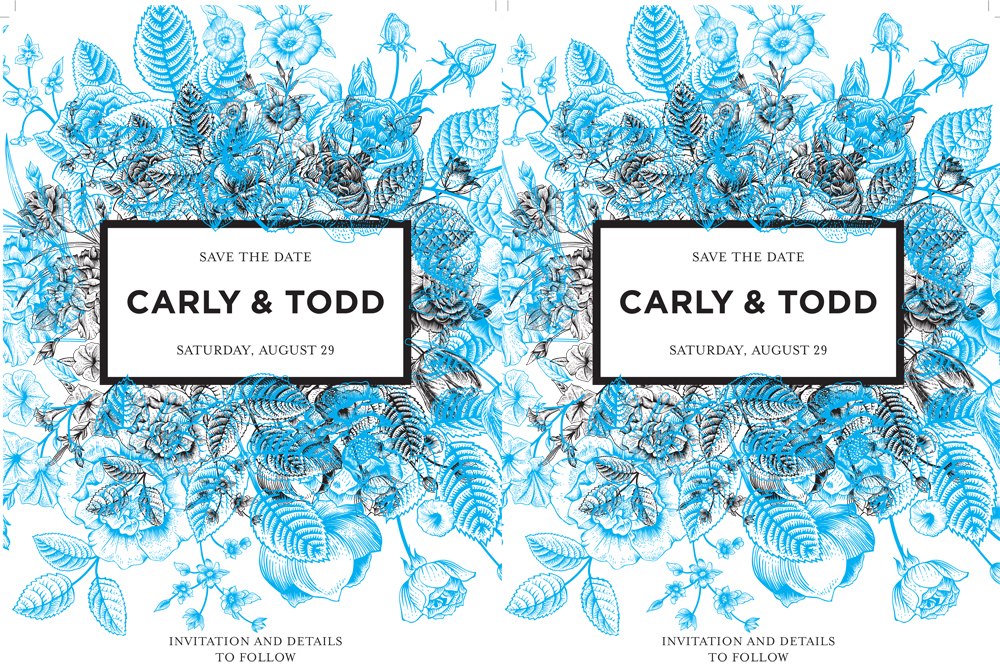 Wedding Invitation on Linen Pape r Demonstrates Clear Toner Enhancement over detail on specialized media. Suggested Media & Weight: Linen White Pearl 115 Cover or heavier Output: 12”x18” and trim Process: Clear Toner over CMYK