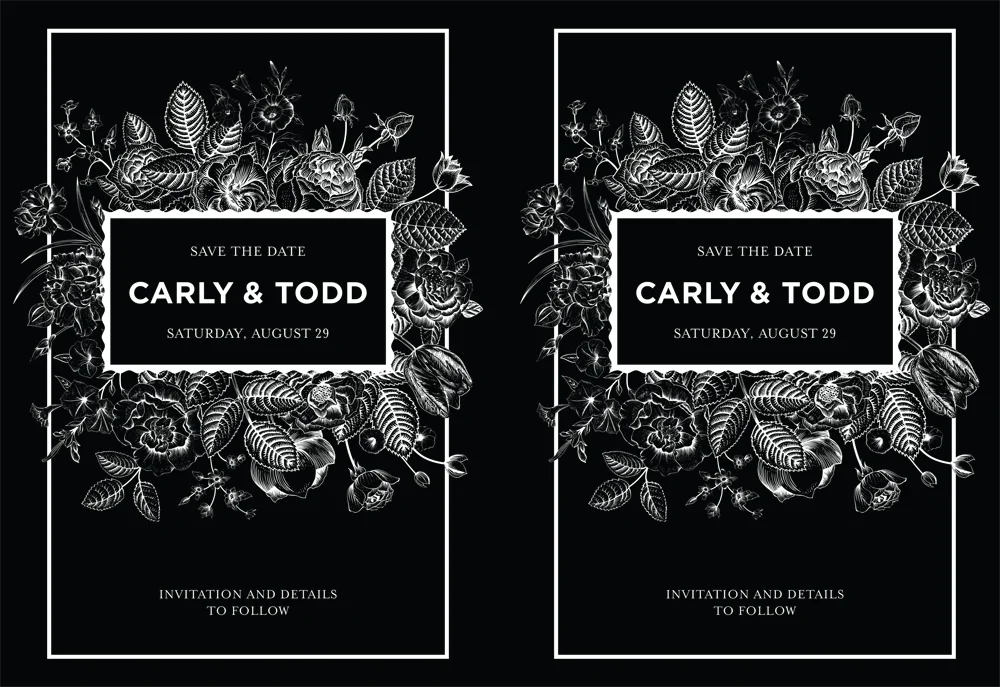 Wedding Invitation Metallic Effect Demonstrates Metallic effect by masking substrate with a ‘Rich black’ with fine lines and graphics. Suggested Media: Vanity Pearl Super Smooth 130 Cover or heavier Output: 12”x18” and trim Process: CMYK