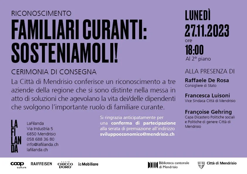 La città di Mendrisio ringrazia le aziende che sostengono concretamente le lavoratrici e i lavoratori che sono "familiari curanti"