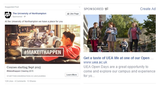 Examples of Facebook suggested post placement and side bar advertising 