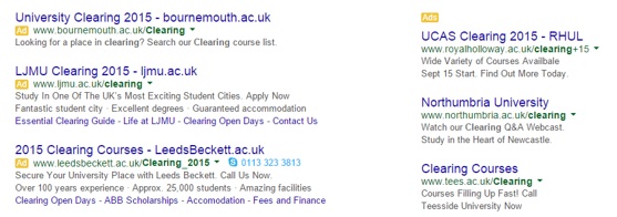 An example of ad words based on search term "Clearing 2015" on 30th July 2015