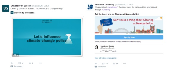 An example on the left of a promoted tweet and a lead generation card on the right