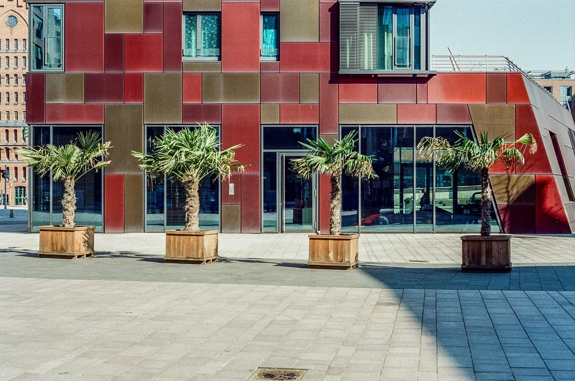 Modern building with red and brown exterior panels and large glass windows. Four palm trees in wooden planters are lined up in front. The sidewalk and part of the street are visible with a cityscape in the background.