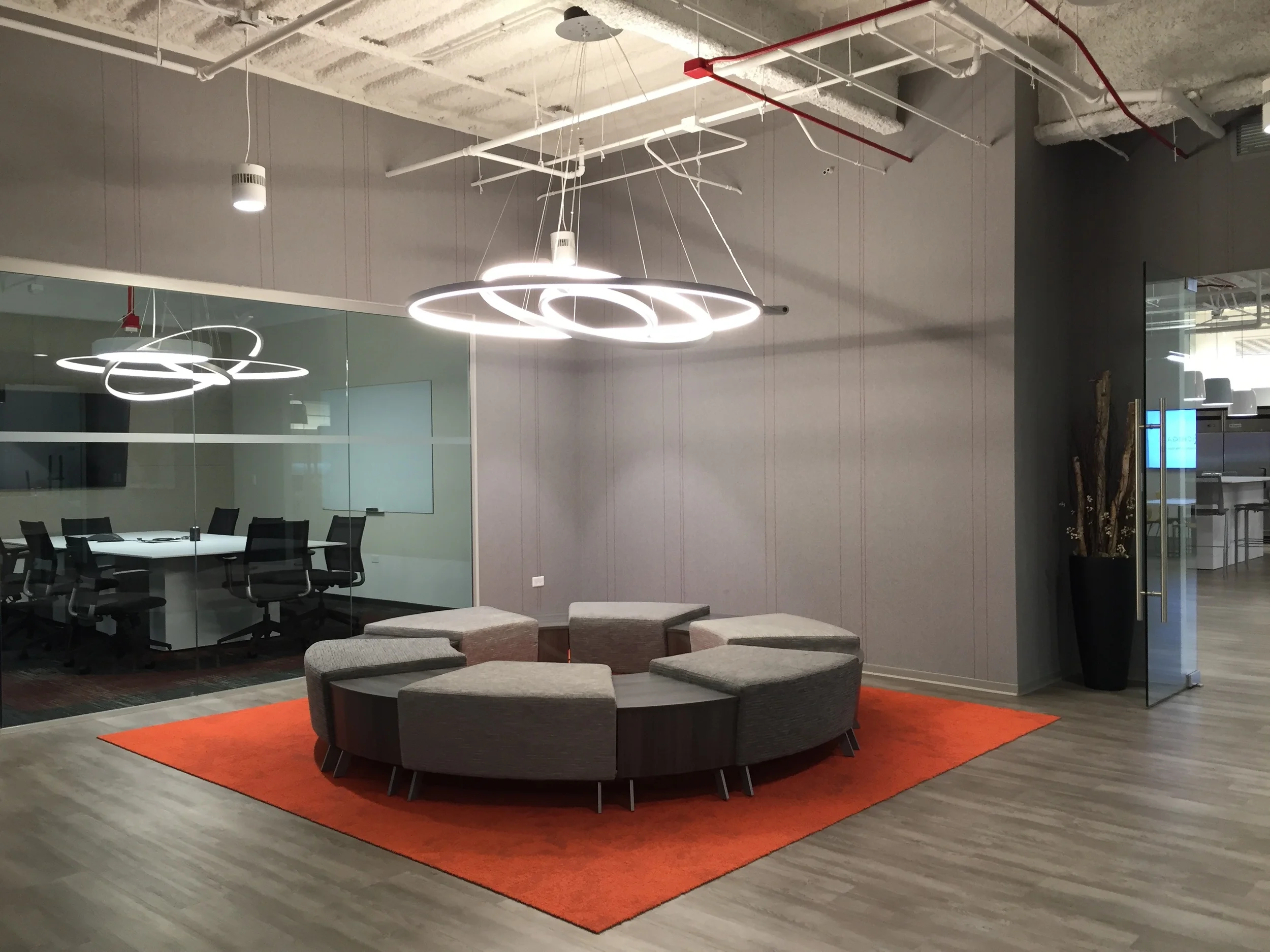 Front Entrance Lobby Seating + Conference Room. Amazing lighting fixture!