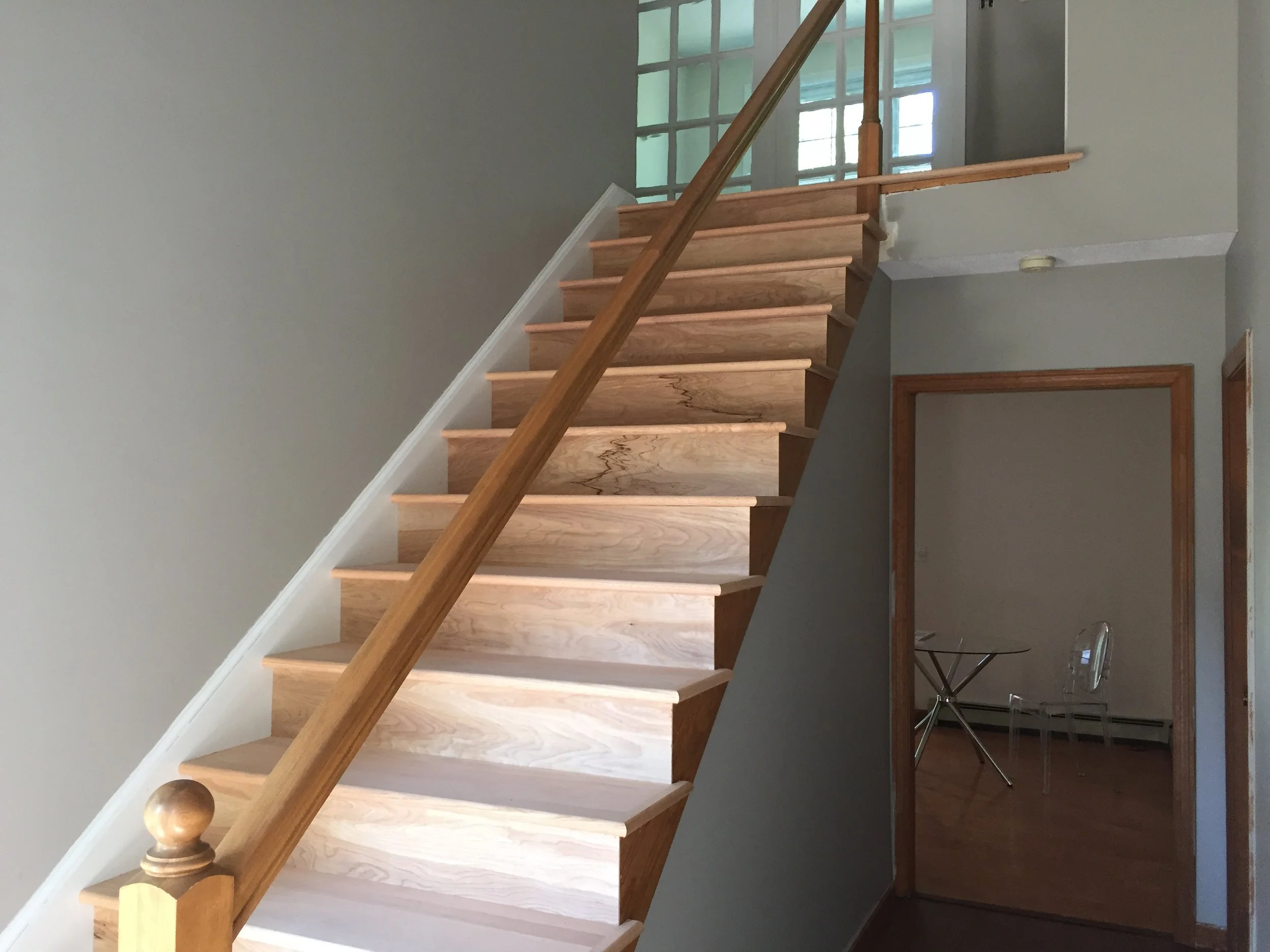 PROGRESS - Entry Stairs new red oak treads and risers installed (unstained)