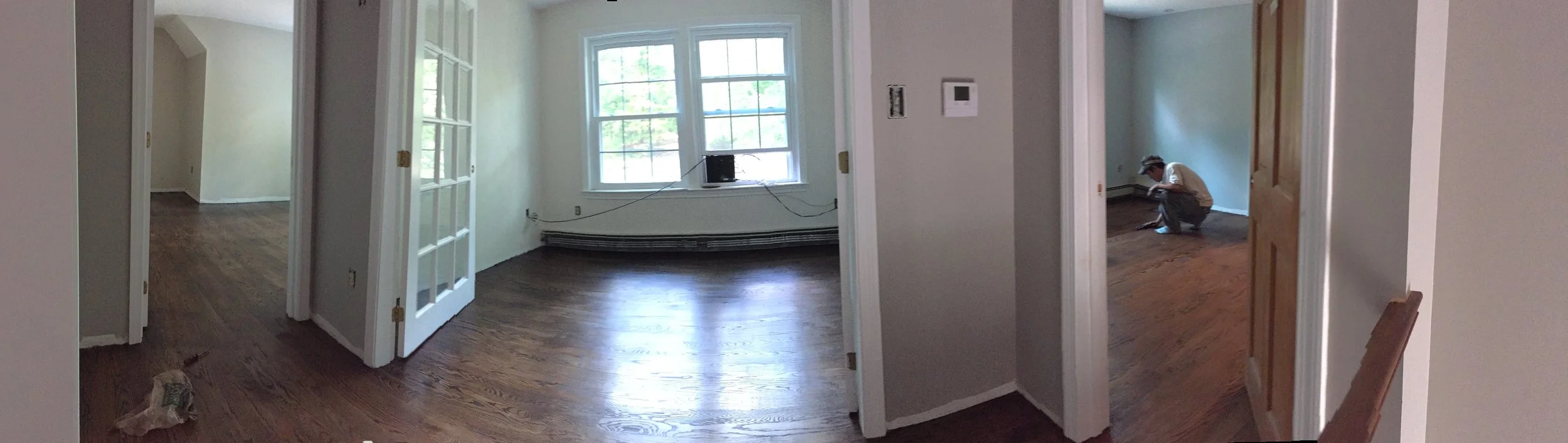 PANORAMIC from top of stairs - 1 coat with 2nd being applied - Minwax Jacobean 2750 - No Poly