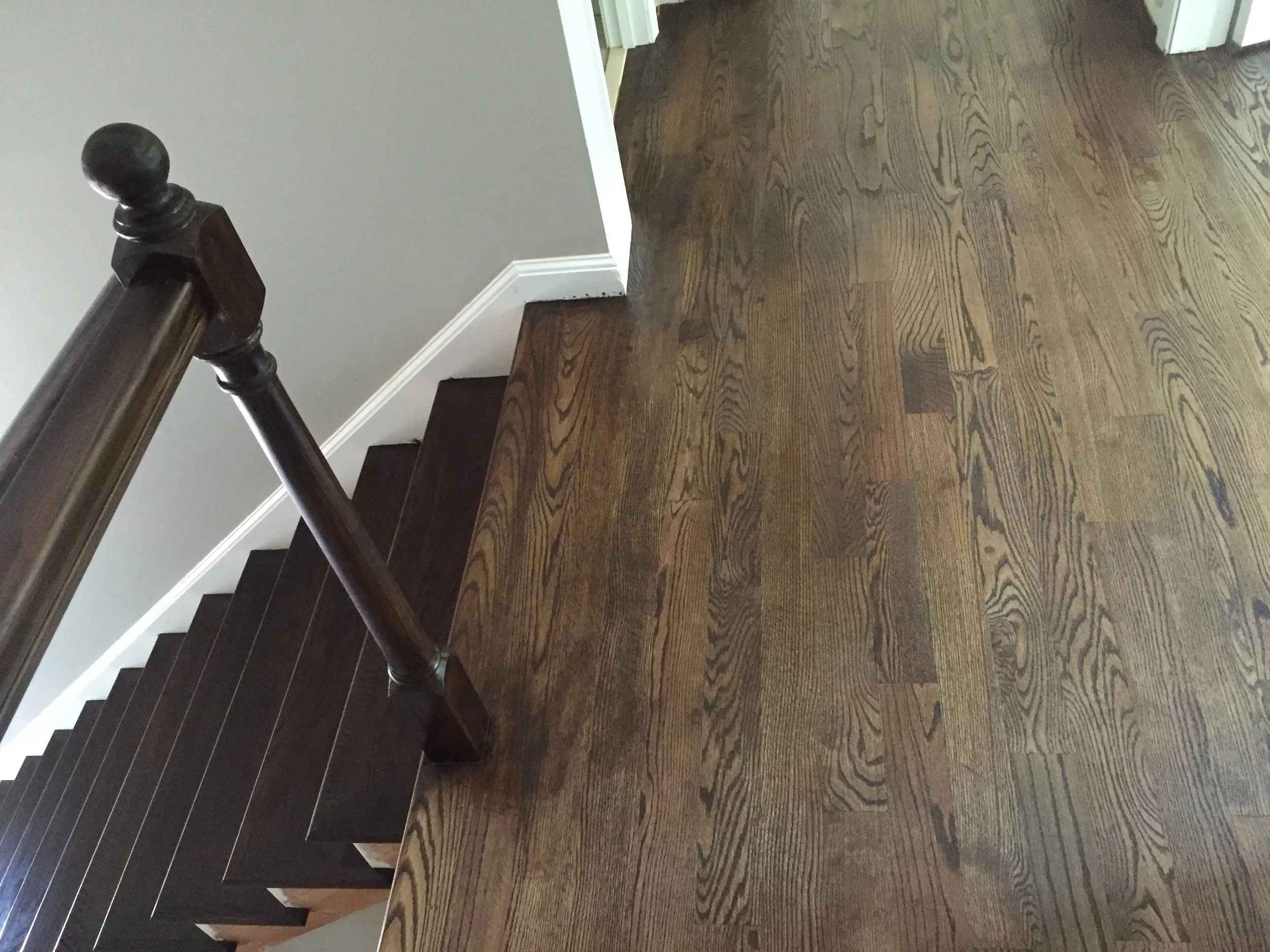 FINISHED - Red Oak - 2 coats of Minwax Jacobean 2750 - No Poly STAIRS - 2 coats, does not match flooring 2 coats, so 3rd was applied to the floors