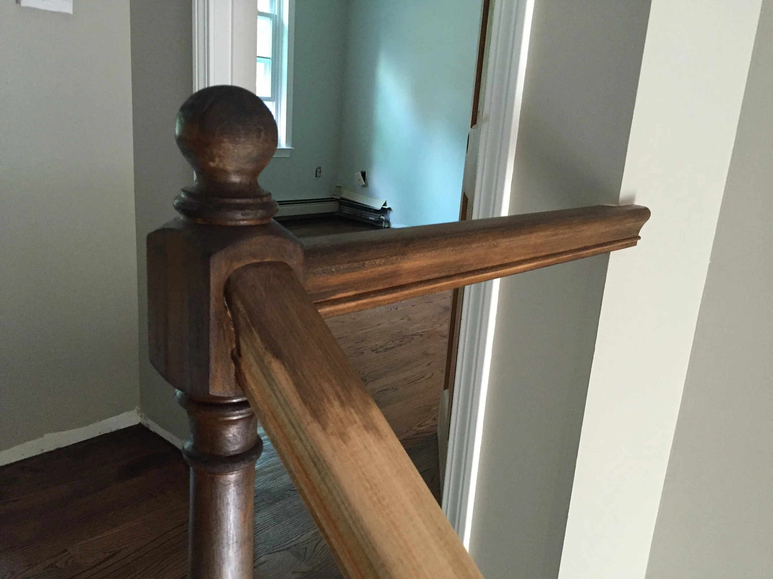 STAIR RAILING - 1 coat of Minwax Jacobean 2750 - No Poly