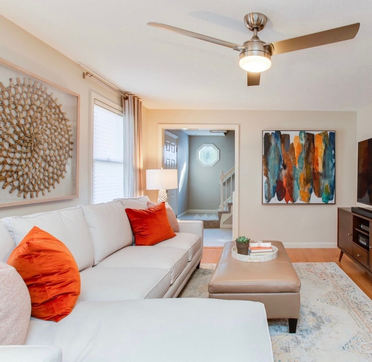 The square footage didn&rsquo;t change - the space planning did.⁠
Dark, heavy, and stuck became light, functional, and full of personality 🧡⁠
Swipe for the before 👉🏼⁠
.⁠
.⁠
.⁠
#DesignTransformation #BeforeAfterHome #InteriorDesignLife #LivingRoomM