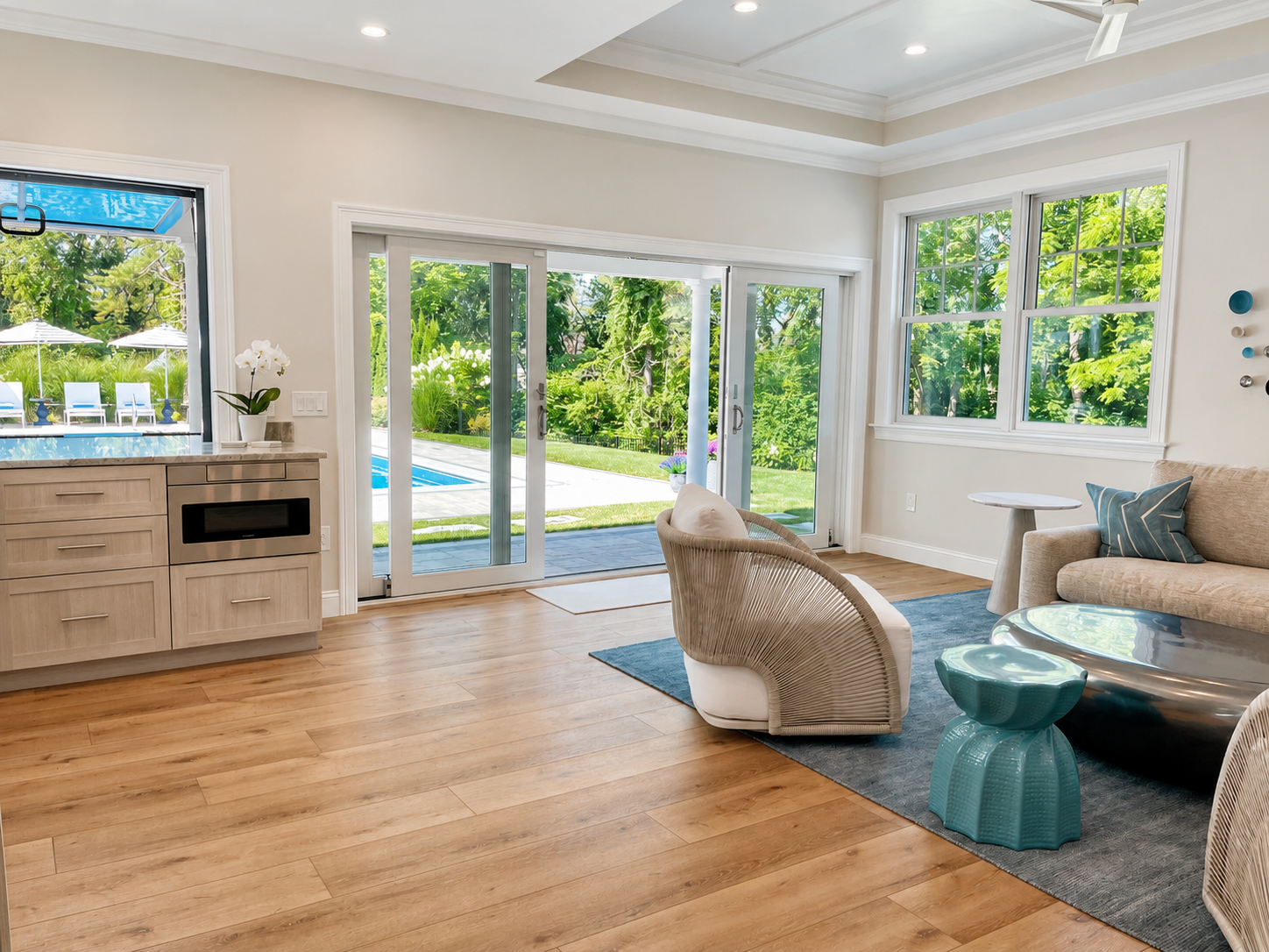 Interior photo of Pool House Interior Design Sitting Area and Kitchen