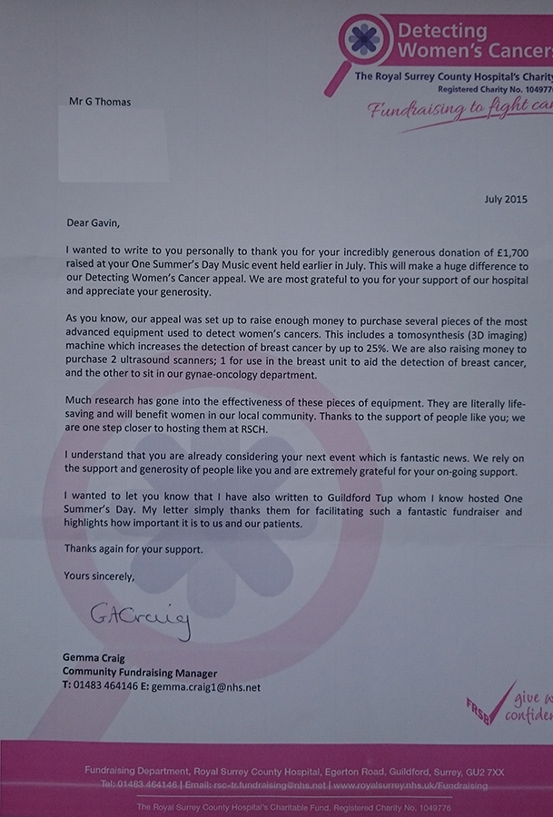 Thank you letter from the Royal Surrey County Hospital ...