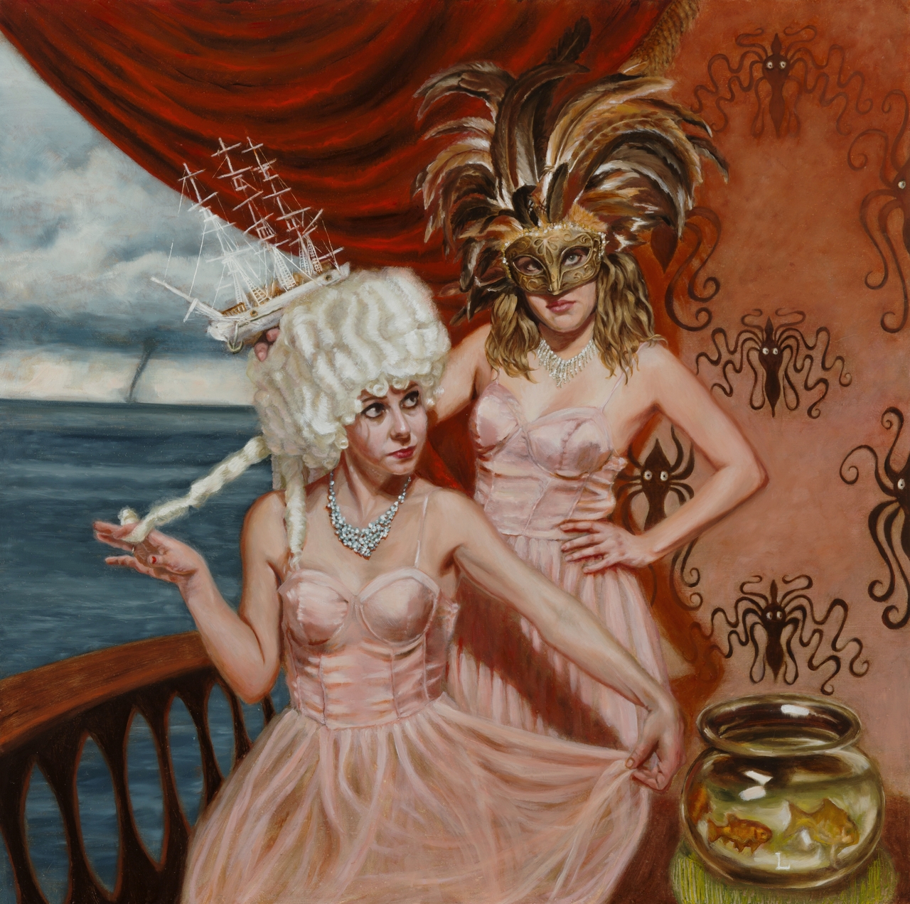   &nbsp;Vardøger    Oil on Aluminum panel. 26”x26” with black wood frame - 2016  A very delightful scene unfolds here; We find two ladies in matching pink satin and tulle ballerina dresses. The feathered mask lady rests a white schooner atop the Mar