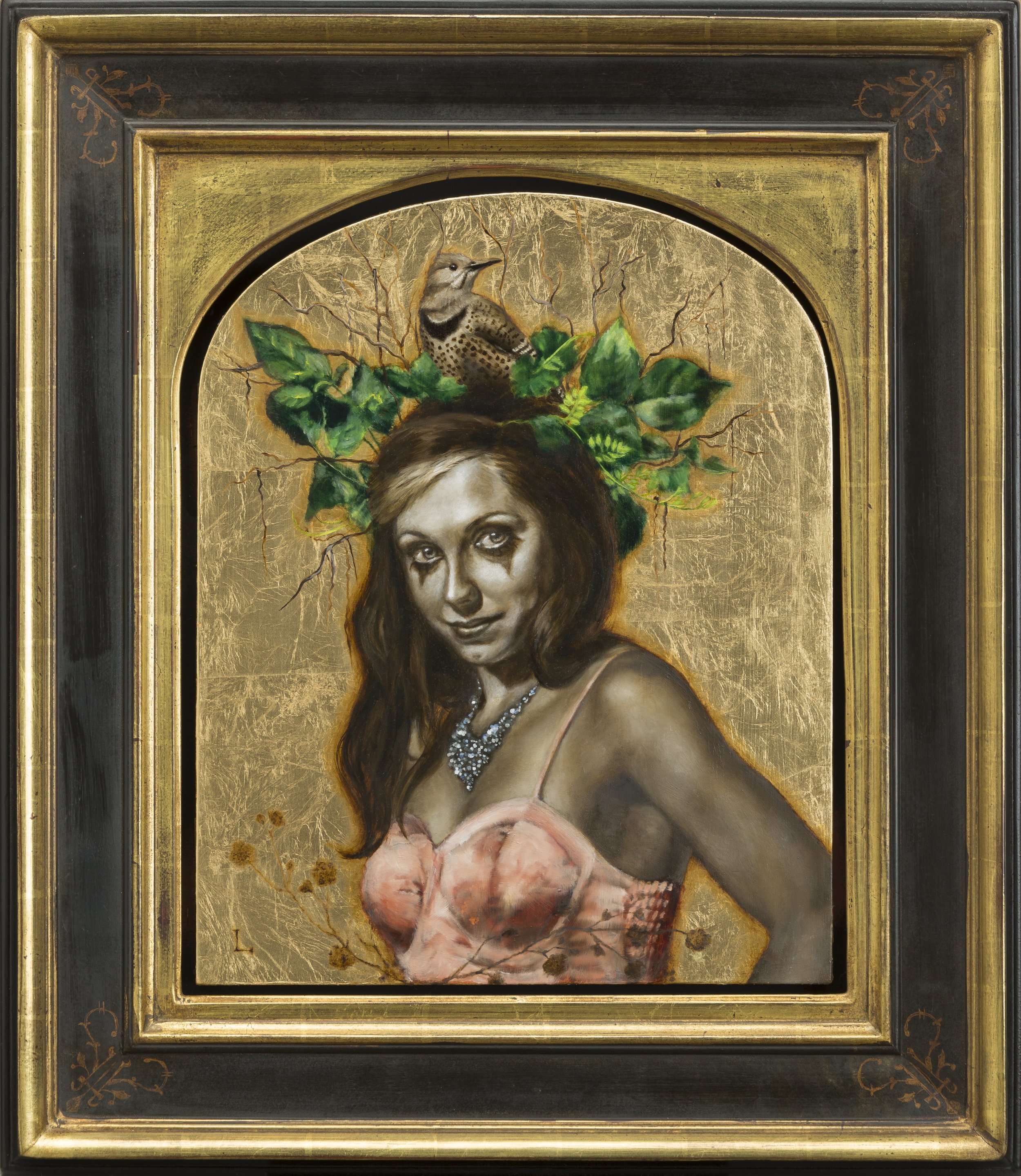 (SOLD) 'Flightless Bird' oil on gold leaf custom arch panel 26”x 26” Frame and panel by Masterworks Frames