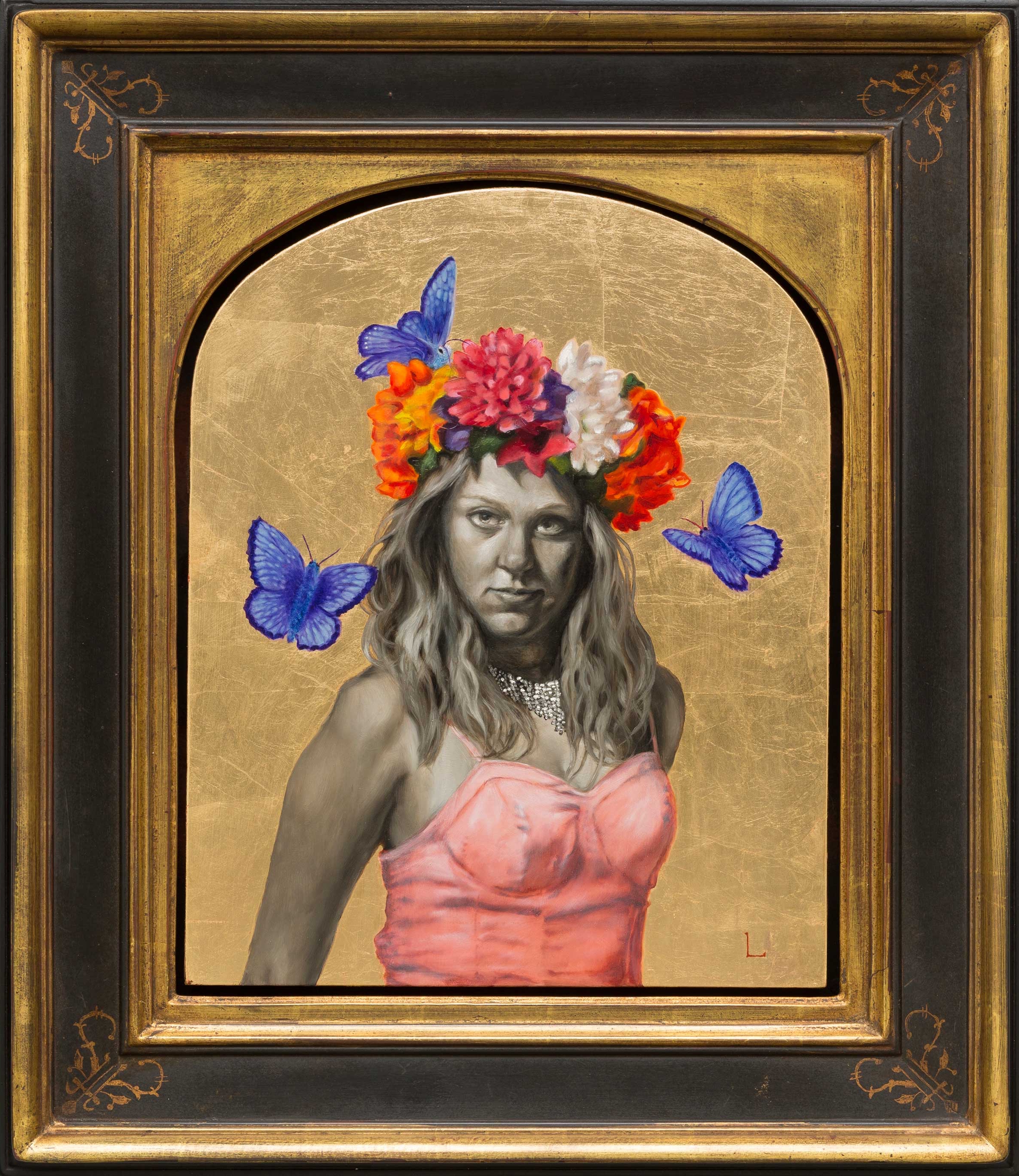  ‘Flora’ (Oil on board with frame 29” x 26”) Here represents the delicate ecosystem of which we are all apart. The butterflies are the metaphor for resurrection, hope, change, and a quasi vanitas that life is fleeting. 