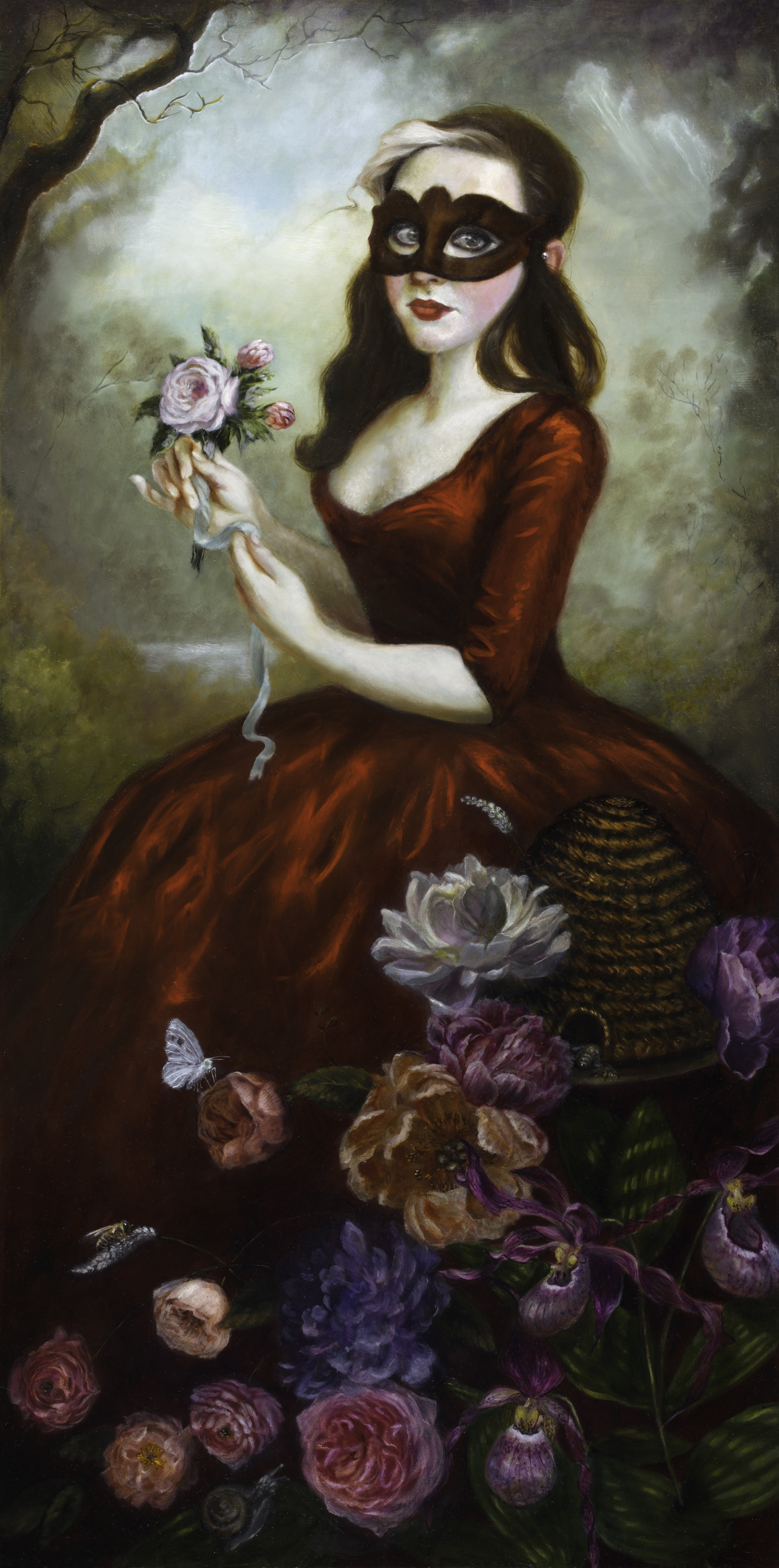  The Girl in a Red Dress - oil on canvas  22" x 38" with ornate frame  It was channeling the Fragonard atmosphere as well as ViGée LeBrun’s Marie Antoinette paintings. This was a fun painting and I got to paint some pink Lady Slipper flowers - 18’ 