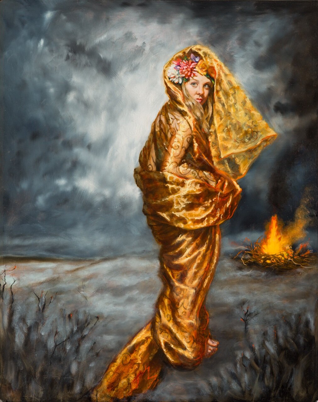    Becoming - oil on panel 20” x 16” Vintage Art nouveau frame    (SOLD) The Celtic Fire Goddess, Breo-Saighit or Brighid who was later St Brighid to the Christians. She was the Flame of Ireland. Legend says that when She was born, a tower of flame r