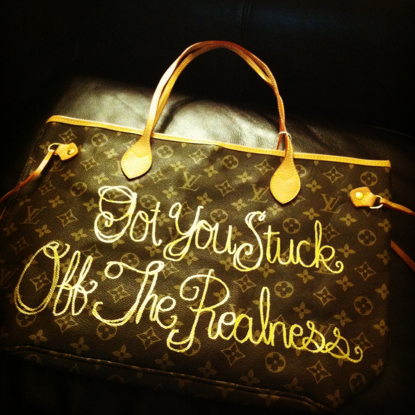  Mobb Deep, 2011  Gold oil-based paint pen on fake Louis Vuitton tote bag 